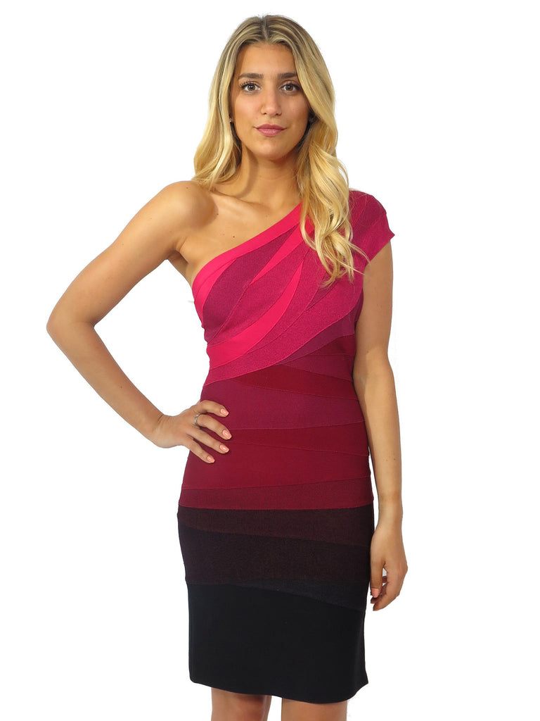 Herve Leger One-Shoulder Ombre Bandage Dress