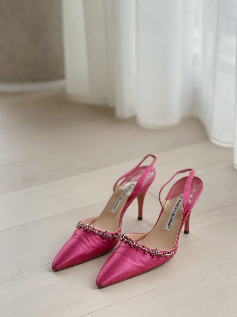 Vintage Embellished Satin Slingback Pumps