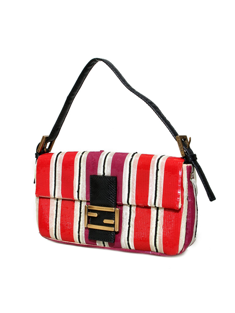 Fendi Snakeskin-Trimmed Embroidered Sequin Baguette Bag
