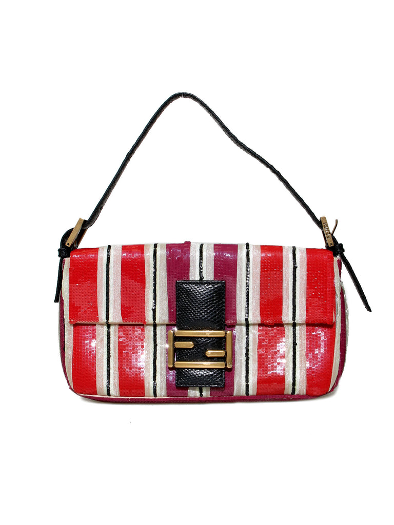 Fendi Snakeskin-Trimmed Embroidered Sequin Baguette Bag