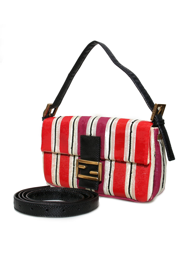 Fendi Snakeskin-Trimmed Embroidered Sequin Baguette Bag