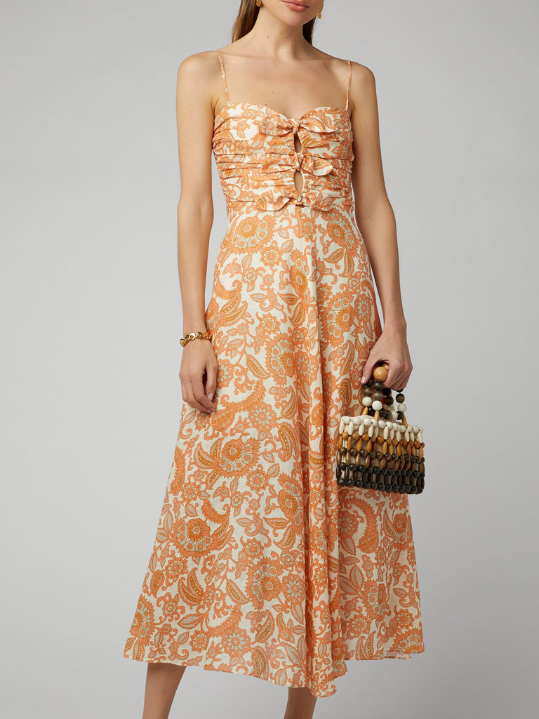 Peggy Bow-Detailed Printed Linen Dress