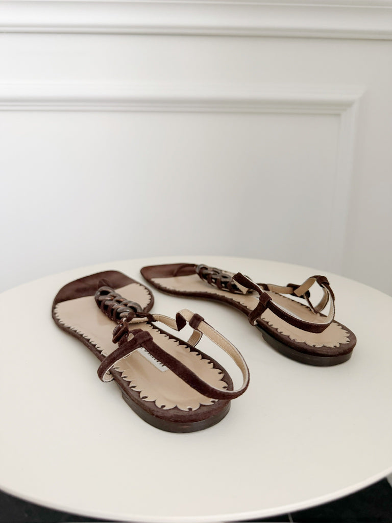 Vintage Chain Detail Suede Flat Thong Sandals