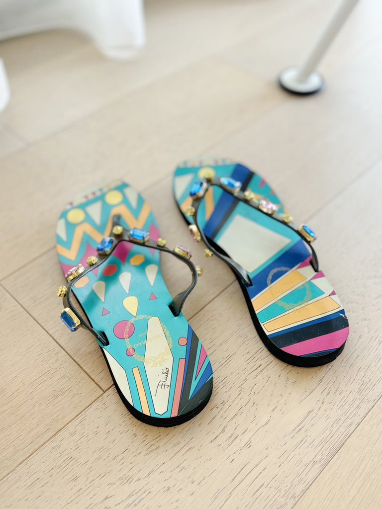 Printed Jewel Flip Flops