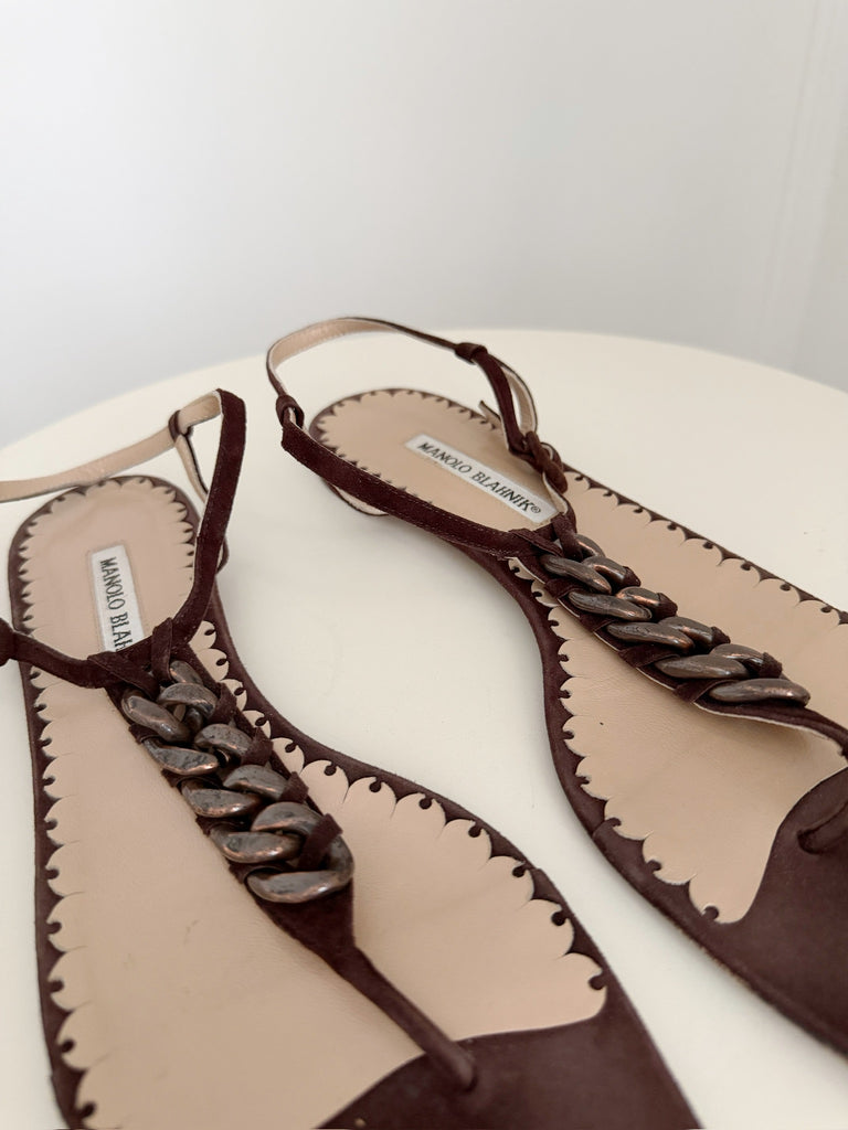 Vintage Chain Detail Suede Flat Thong Sandals
