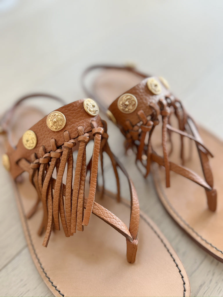 Leather Fringe Trimmed Flat Sandals