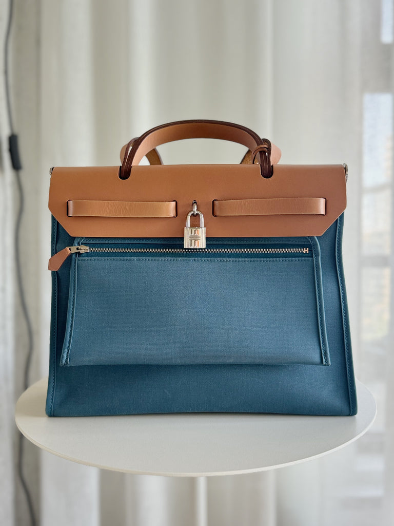 Blue Toile Canvas & Tan Leather Herbag 31 with pouch
