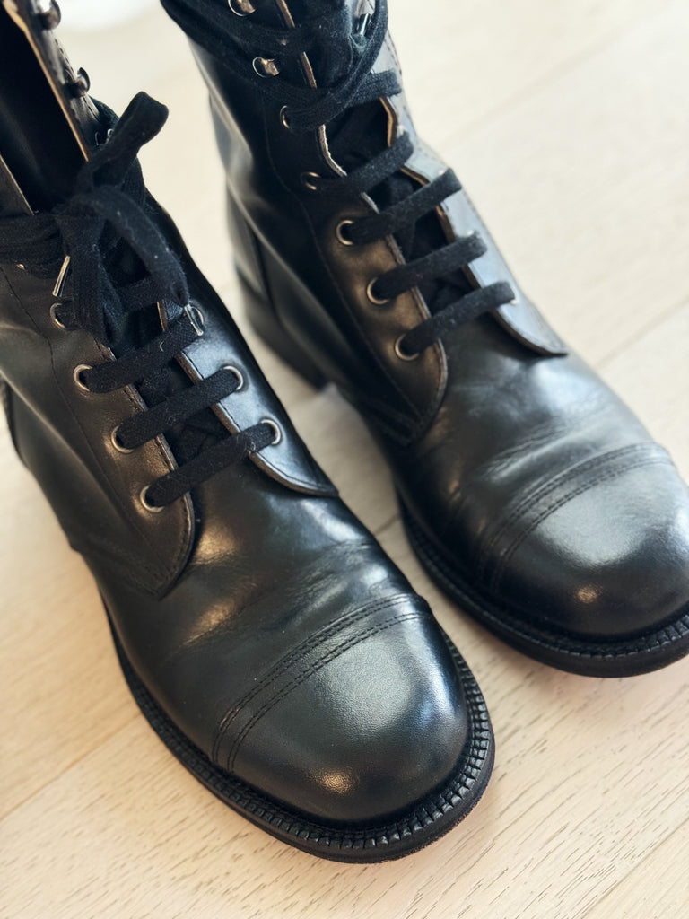 Leather Combat Boots with Knit Detail