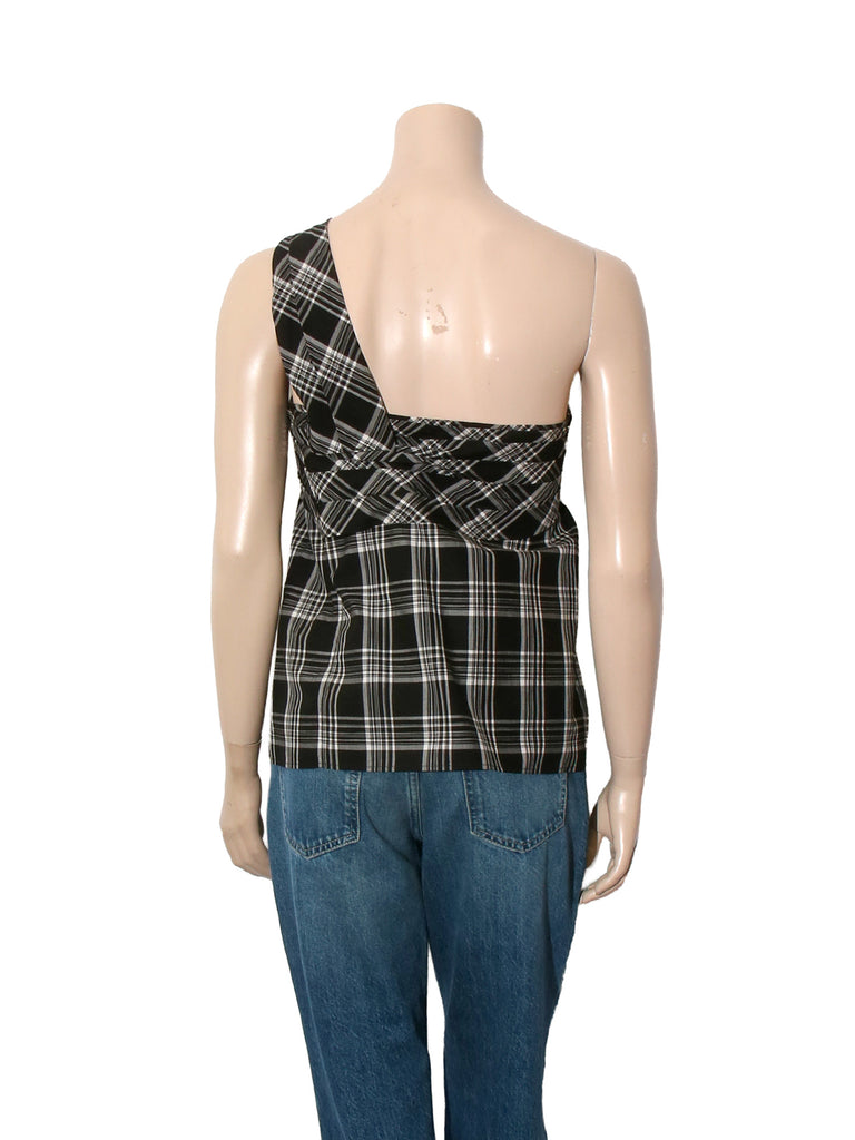 Vintage One-Shoulder Plaid Print Top