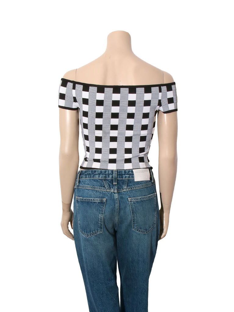 Vintage Off-Shoulder Bodycon Check Print Crop Top