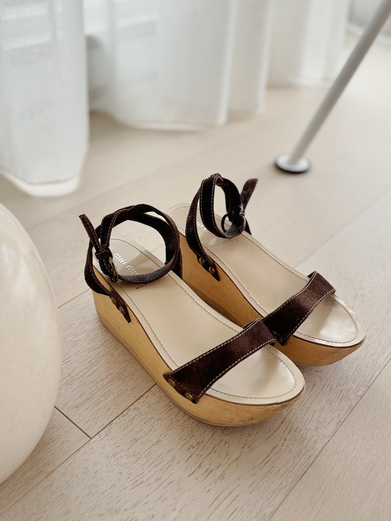 Suede Wood Wedge Sandals