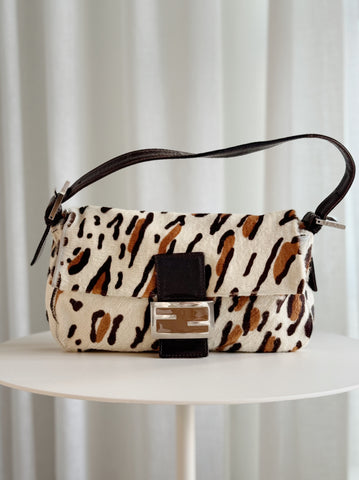 Vintage Leather-Trimmed Animal Print Ponyhair Baguette