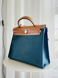 Blue Toile Canvas & Tan Leather Herbag 31 with pouch