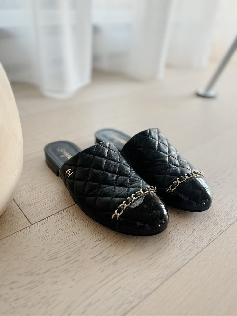 Chain-Detail Quilted Leather Mules