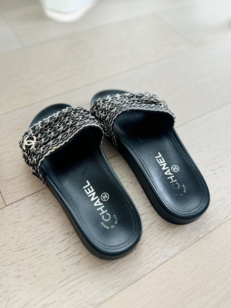 Chain-Link Accent Tweed Slide Sandals