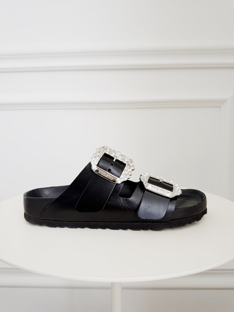 Leather Crystal Embellished Slides