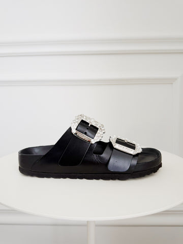 Leather Crystal Embellished Slides