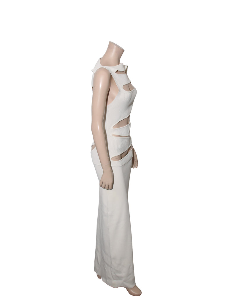 Cutout ribbed-knit paneled maxi dress