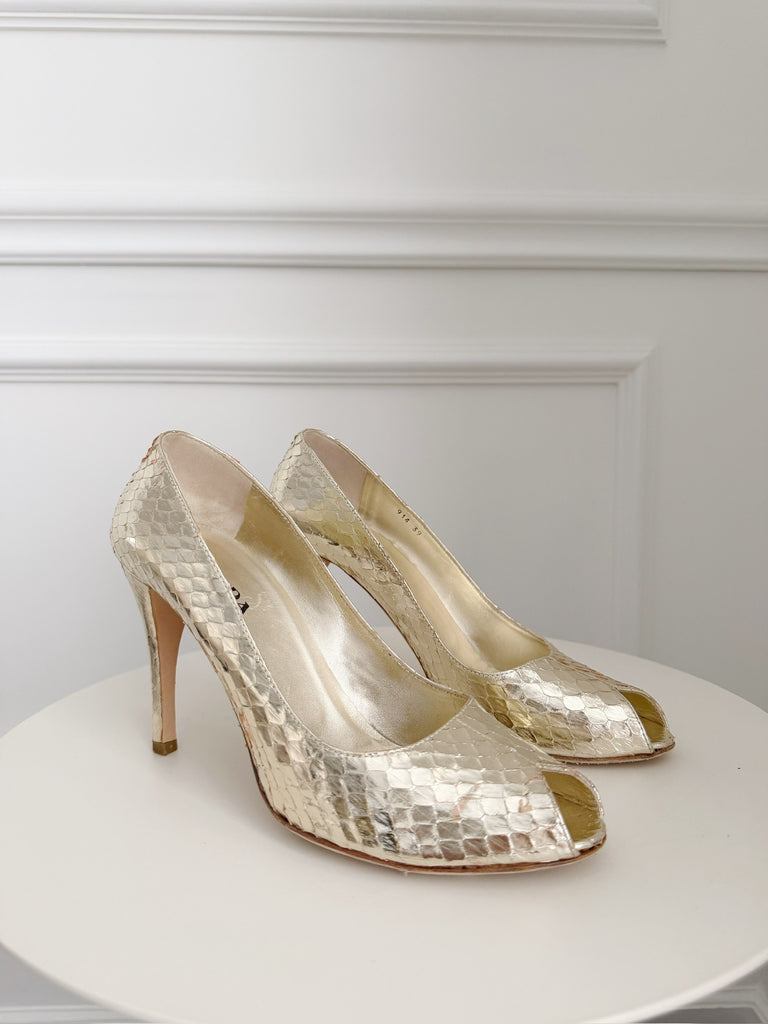 Vintage Metallic Snake Peep Toe Pumps
