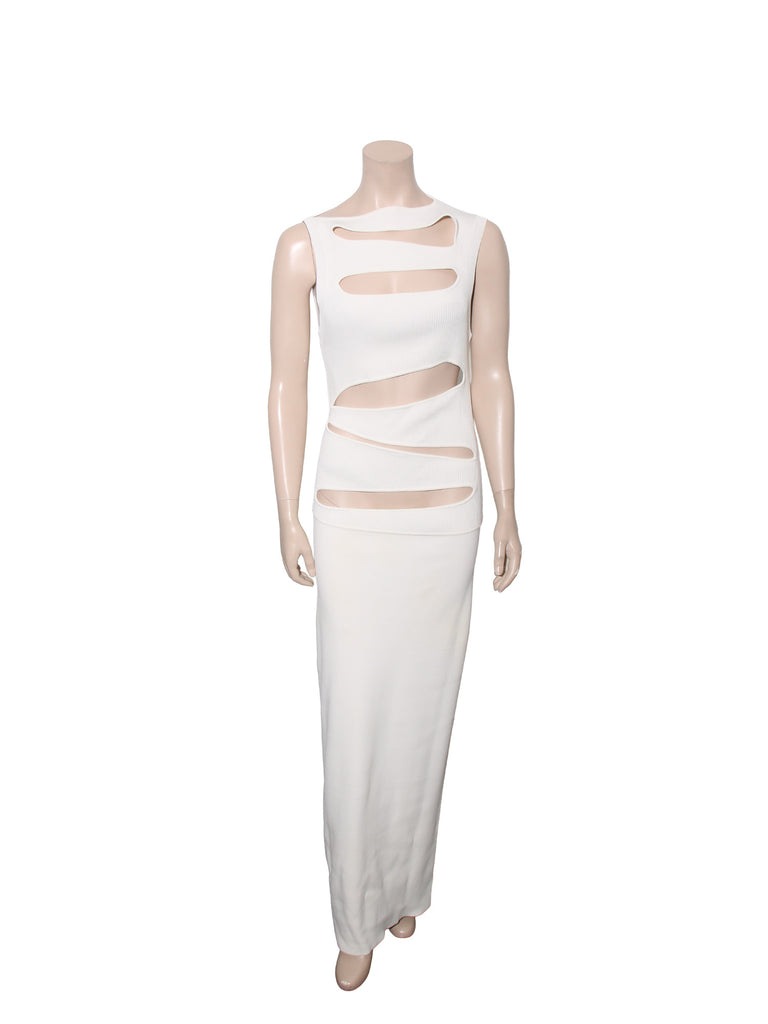 Cutout ribbed-knit paneled maxi dress