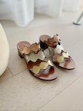 Metallic Scalloped Detail Leather Slide Sandals