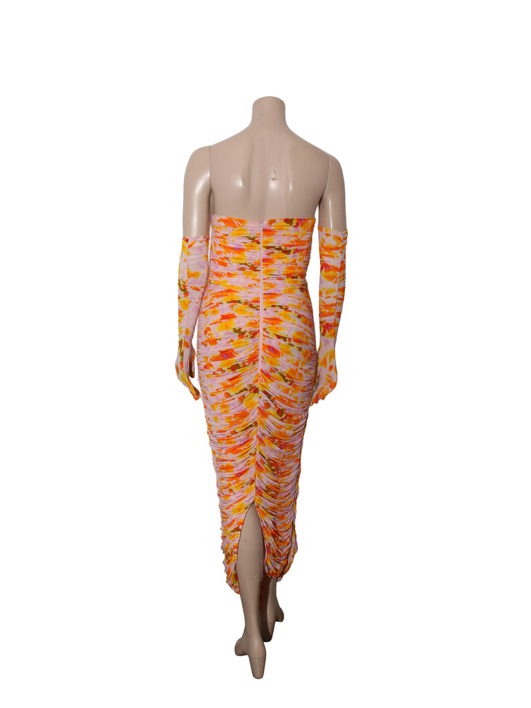 Parton Ruched Floral Strapless Dress with Gloves
