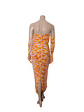 Parton Ruched Floral Strapless Dress with Gloves