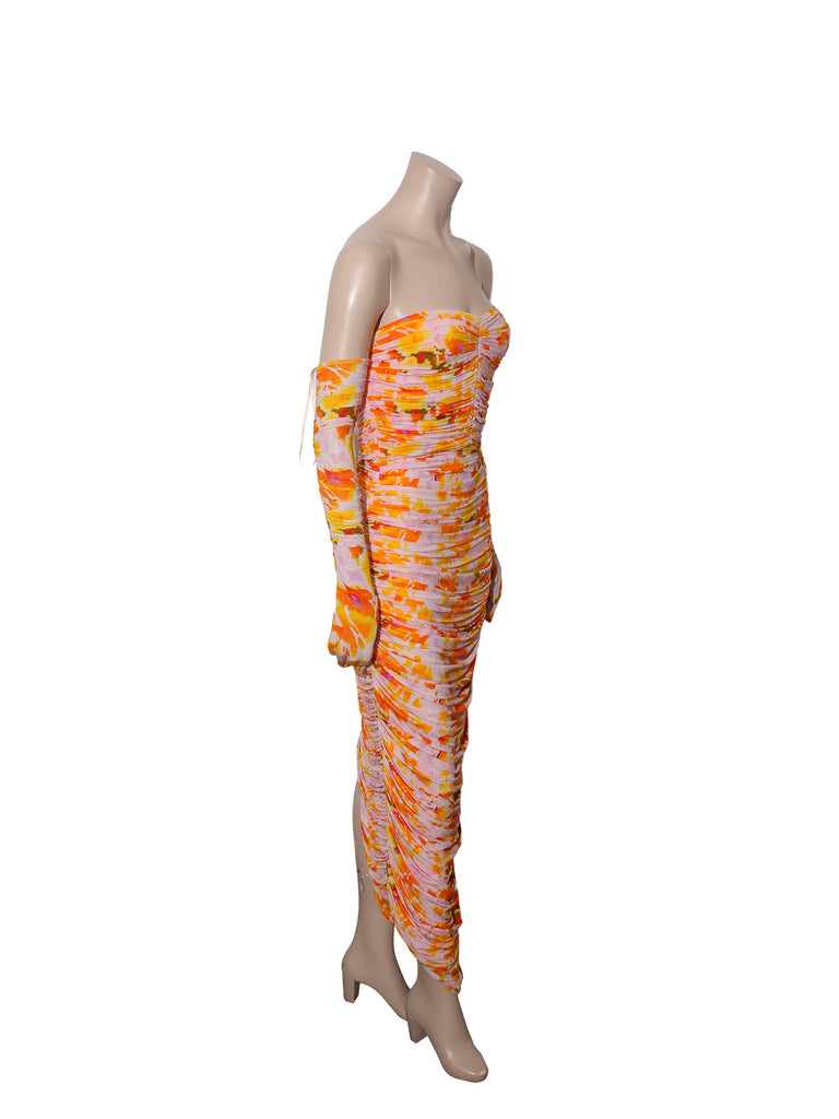 Parton Ruched Floral Strapless Dress with Gloves