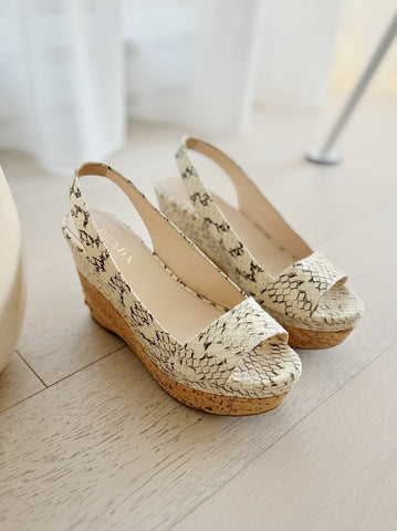 Snake Print Slingback Cork Wedge Sandals