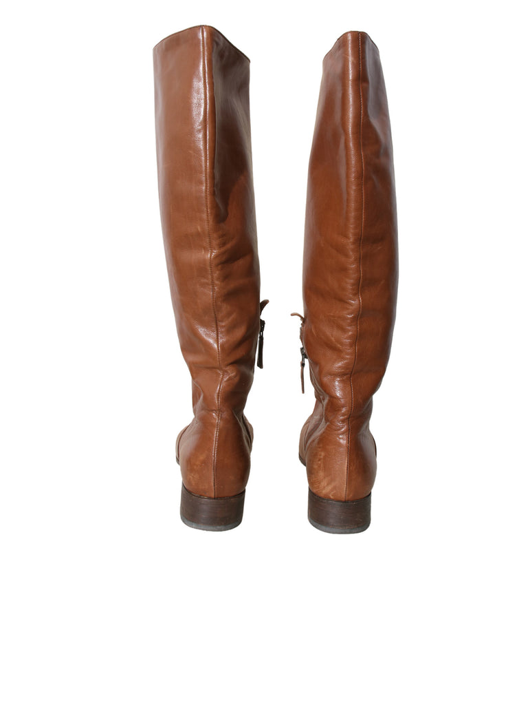 Leather Round Toe Knee High Boots