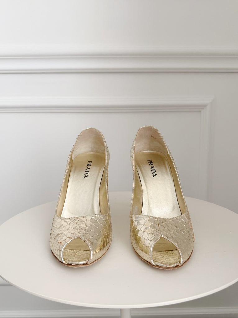Vintage Metallic Snake Peep Toe Pumps