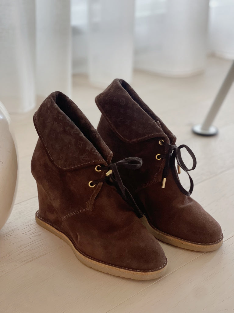 Suede Wedge Lace-Up Booties
