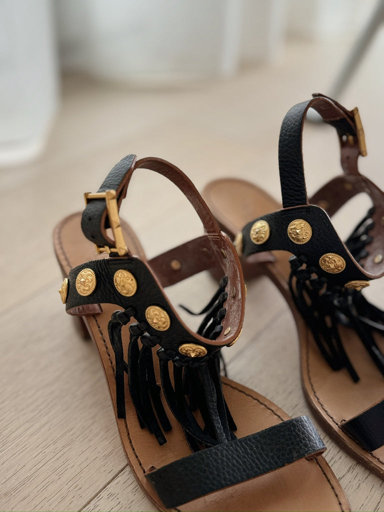 Fringe Trimmed Low Heel Sandals