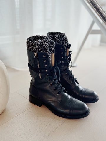 Leather Combat Boots with Knit Detail