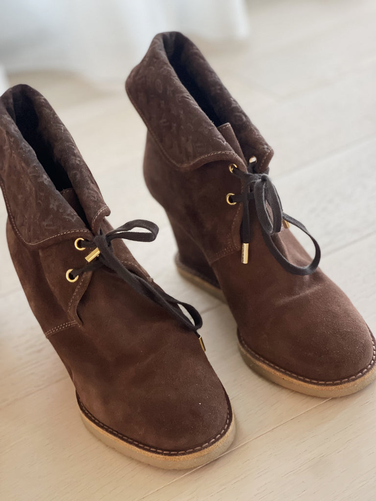 Suede Wedge Lace-Up Booties