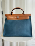 Blue Toile Canvas & Tan Leather Herbag 31 with pouch