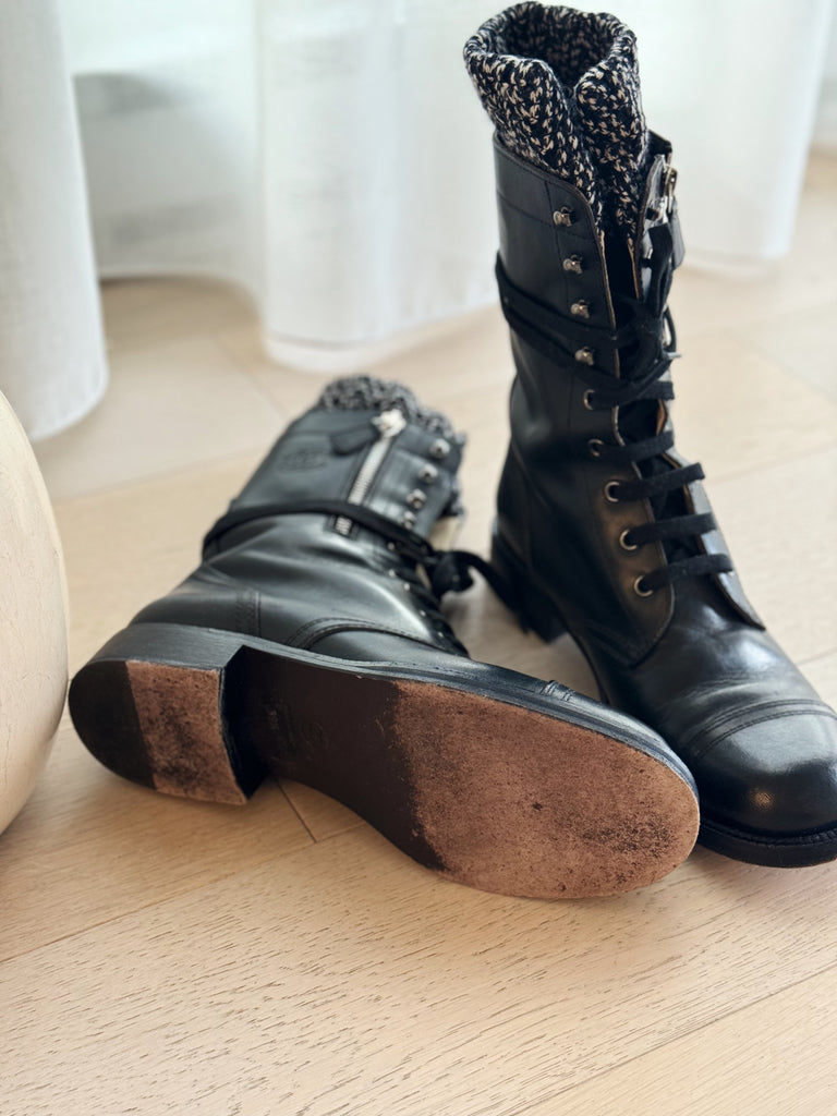 Leather Combat Boots with Knit Detail