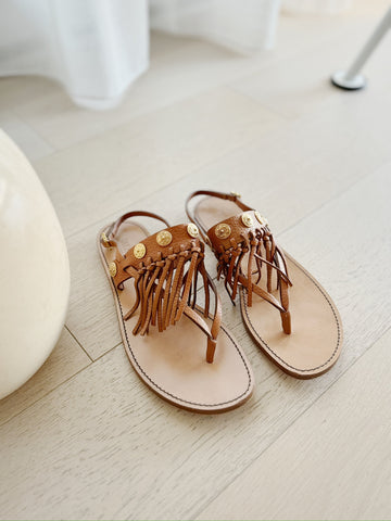 Leather Fringe Trimmed Flat Sandals