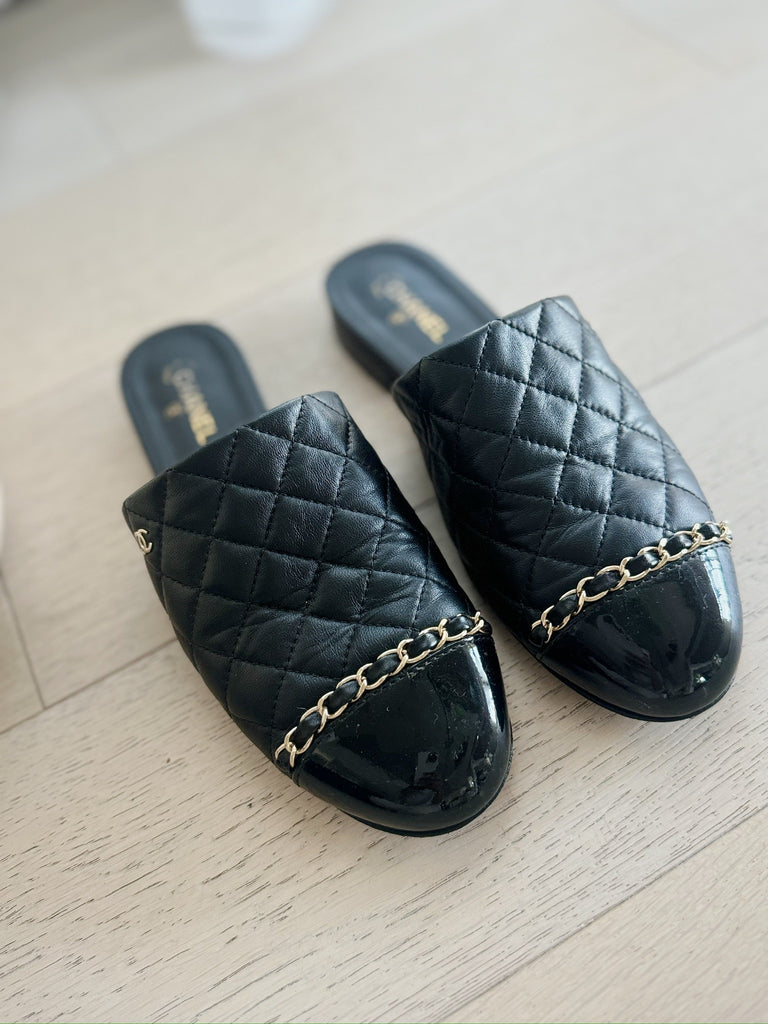 Chain-Detail Quilted Leather Mules