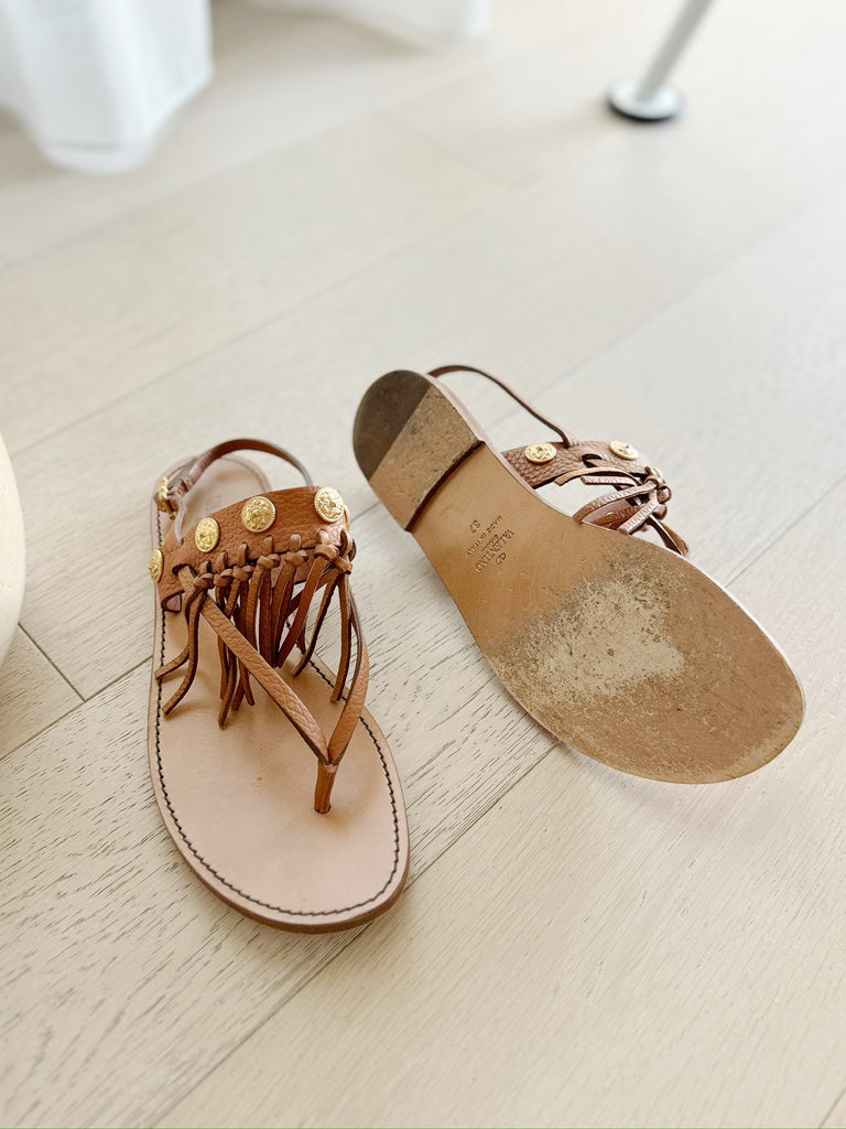 Leather Fringe Trimmed Flat Sandals