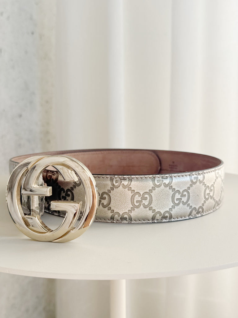 Metallic Embossed Leather GG Belt