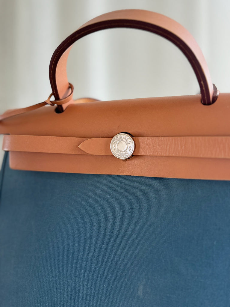 Blue Toile Canvas & Tan Leather Herbag 31 with pouch