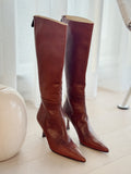 Pointed Leather Knee High Boots