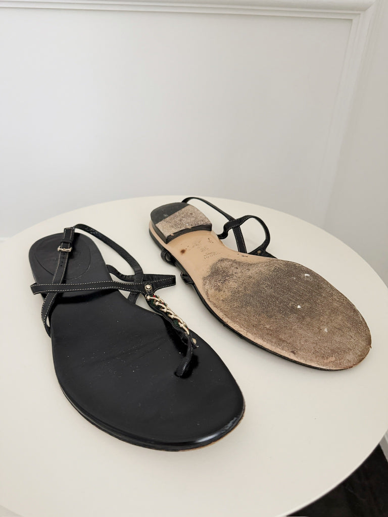 Leather Web Chain Detail Flat Sandals
