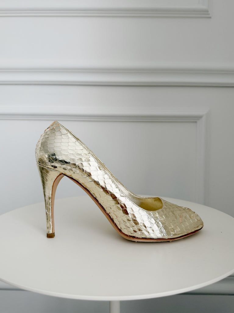 Vintage Metallic Snake Peep Toe Pumps