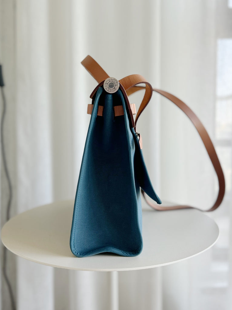 Blue Toile Canvas & Tan Leather Herbag 31 with pouch