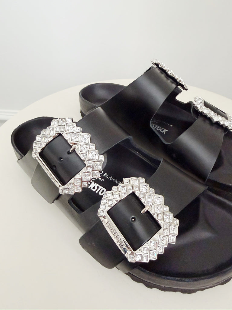 Leather Crystal Embellished Slides