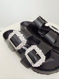 Leather Crystal Embellished Slides