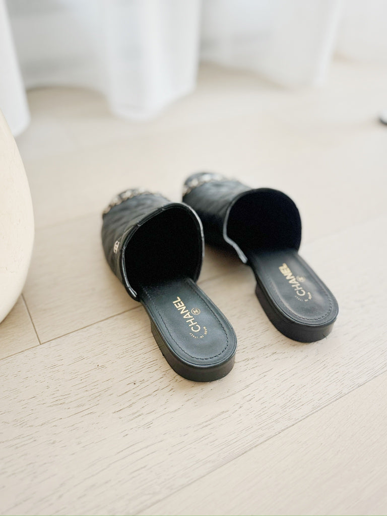 Chain-Detail Quilted Leather Mules