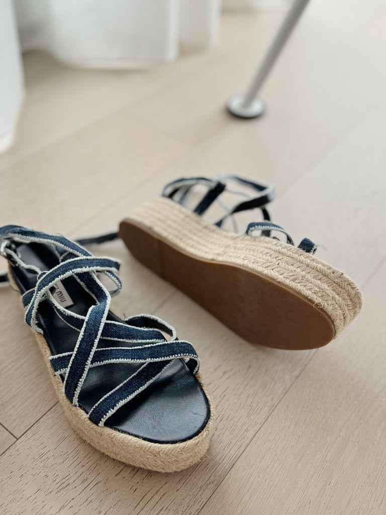 Strappy Denim Woven Platform Sandals